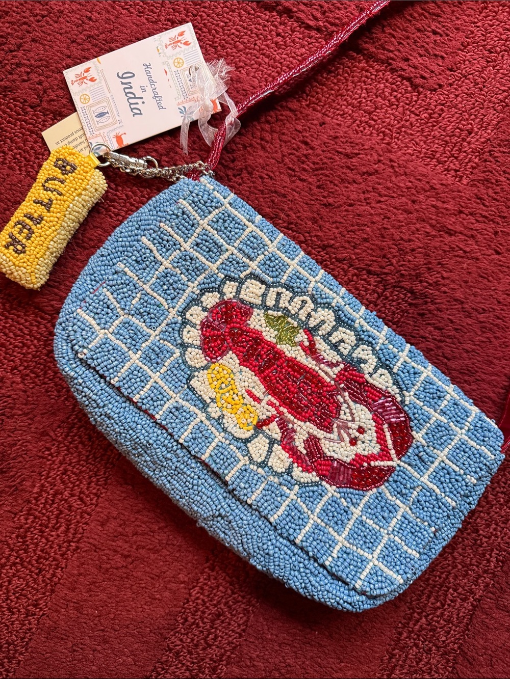 NWT Small Hand-Beaded Lobster Shoulder Bag with Stick of Butter Keychain